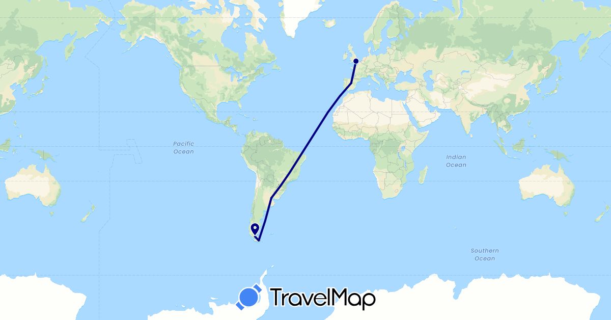 TravelMap itinerary: driving in Argentina, Chile, Spain, United Kingdom (Europe, South America)
